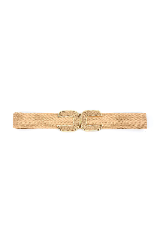 Khaki belt with a large buckle on a white background