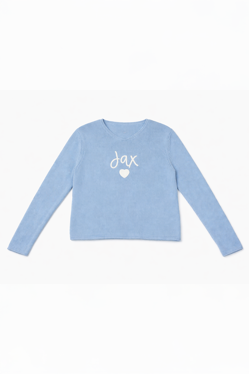 Light blue long-sleeve Sweater with 'Jax' logo on a white background