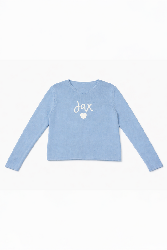 Light blue long-sleeve Sweater with 'Jax' logo on a white background