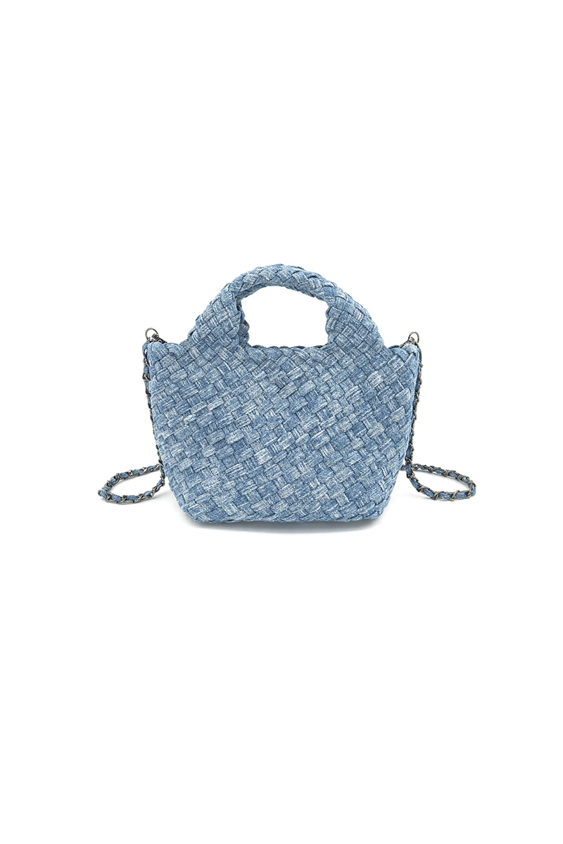 Light blue denim woven handbag with a chain strap on a white background