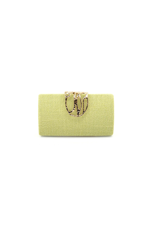 Green clutch bag with gold clasp on a white background