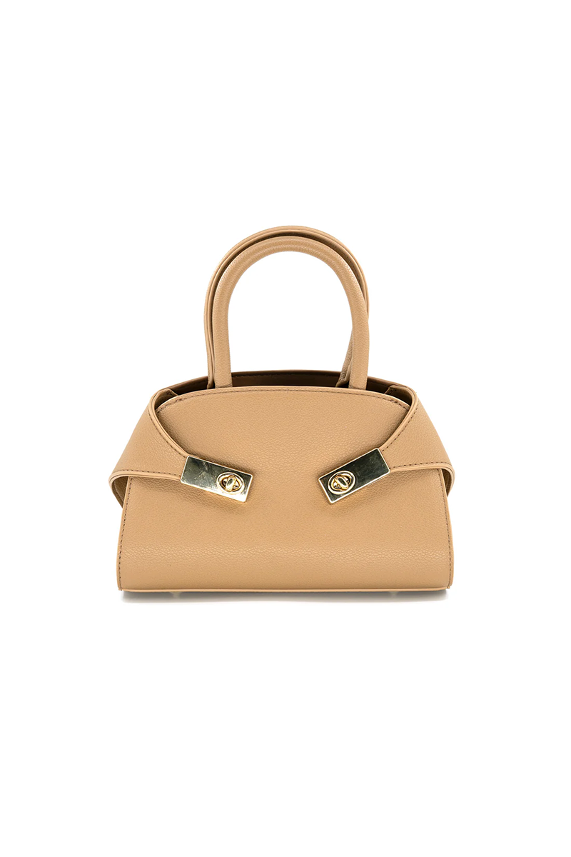 Beige handbag with gold accents on a white background