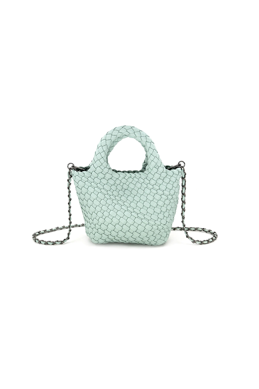 Mint green woven handbag with chain detachable strap on a white background