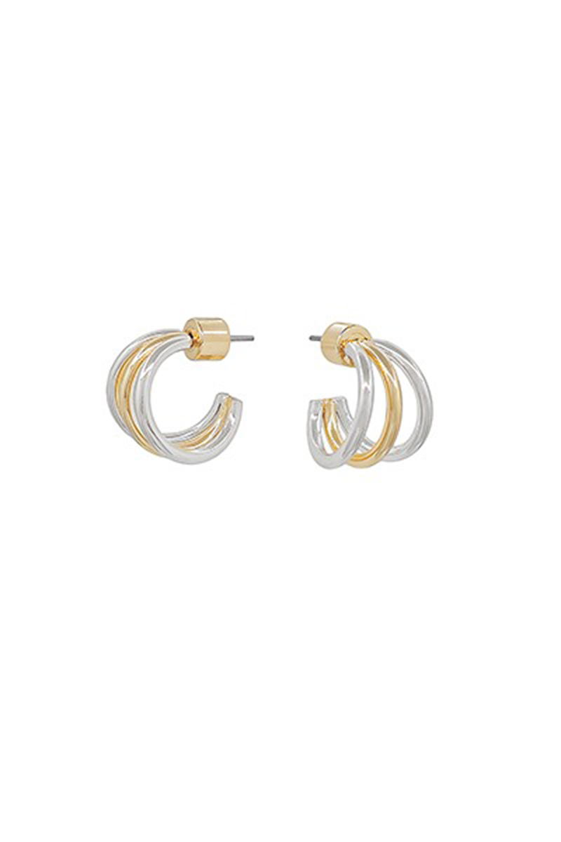 Pair of gold and silver hoop earrings on a white background
