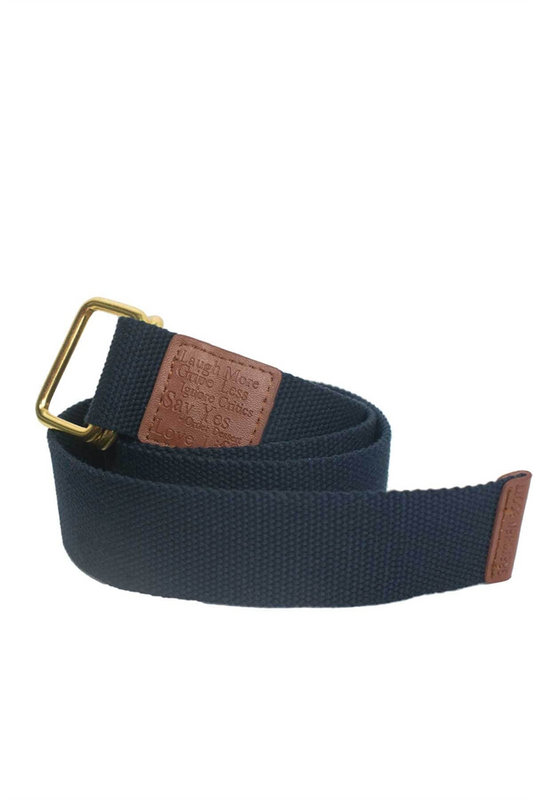 Navy belt with gold buckle and brown leather patch on a white background