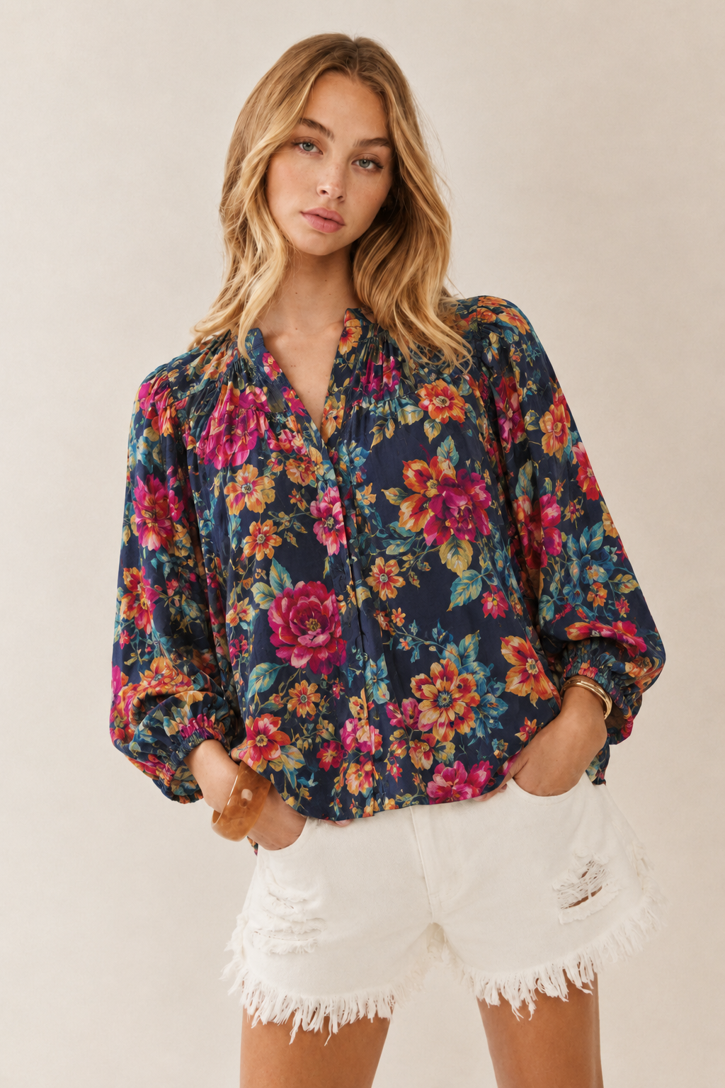 Navy Floral Button Front Blouse