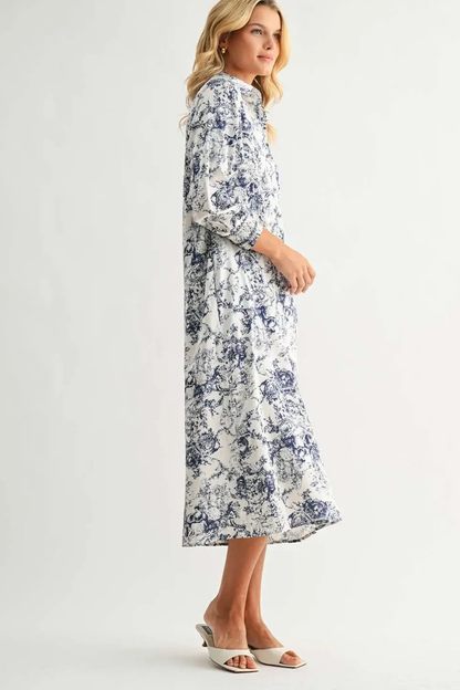 Navy Floral Collared Midi Dress