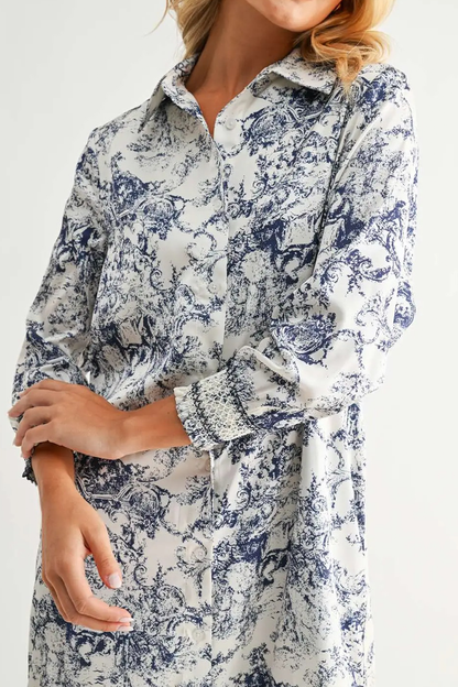 Navy Floral Collared Midi Dress