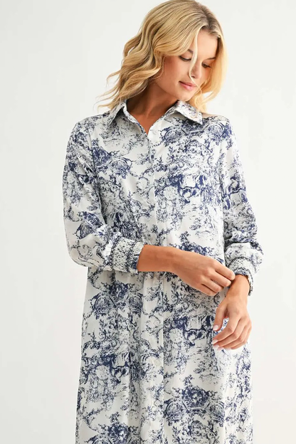 Navy Floral Collared Midi Dress