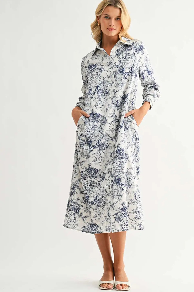 Navy Floral Collared Midi Dress