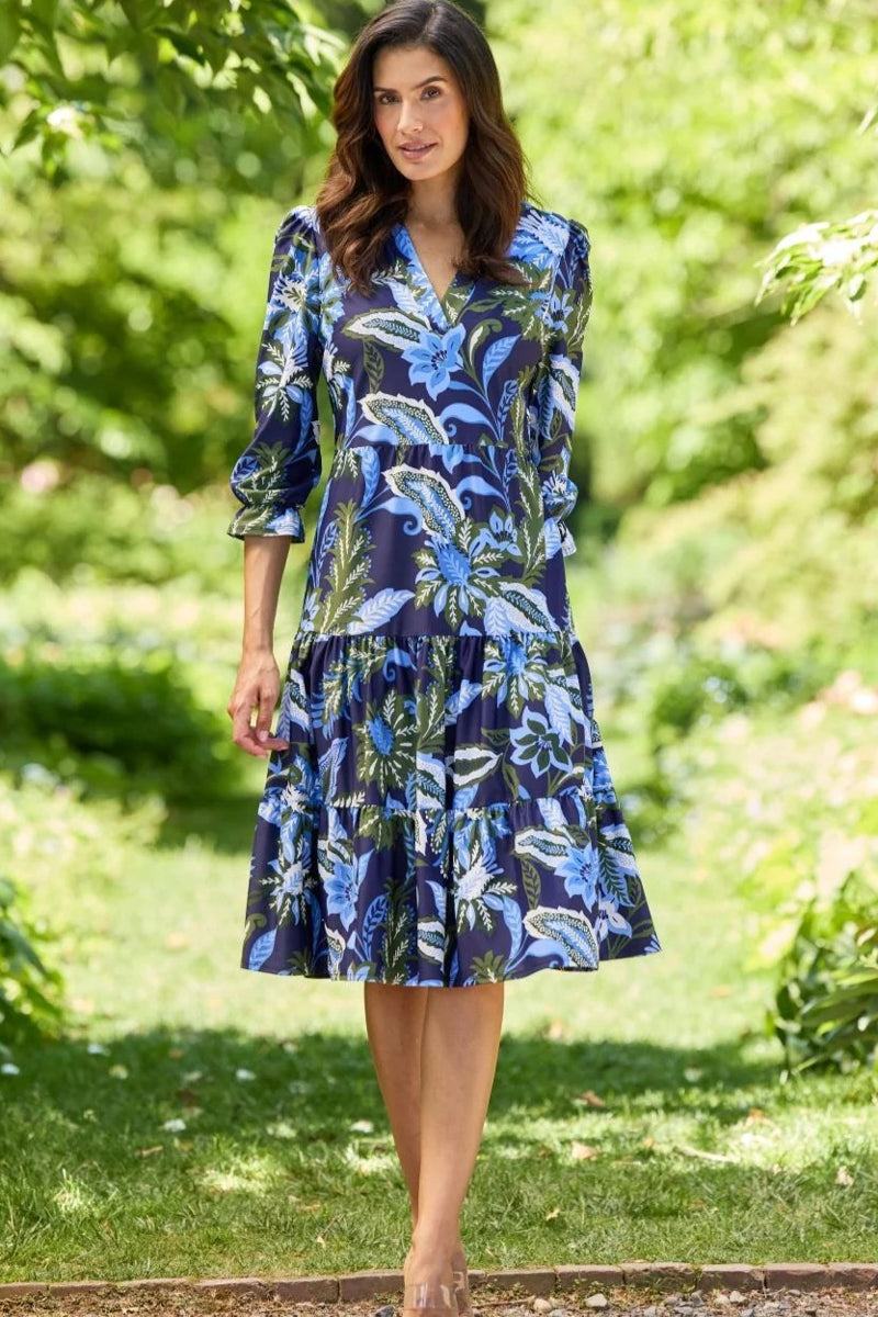 Navy Floral Drop Waist Dress