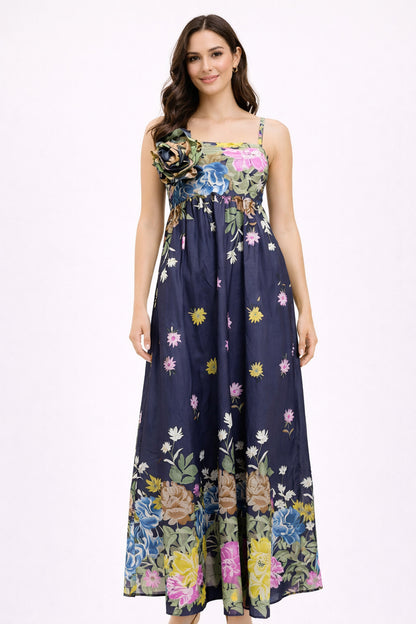 Woman wearing a floral dress with a white background