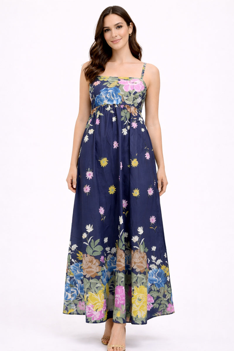 Woman wearing a floral dress on a white background