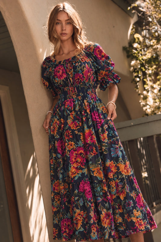 Navy Floral Midi Dress