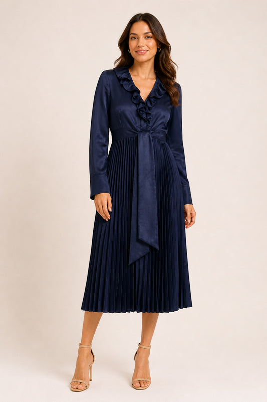 Navy Pleated Long Sleeve Midi Dress