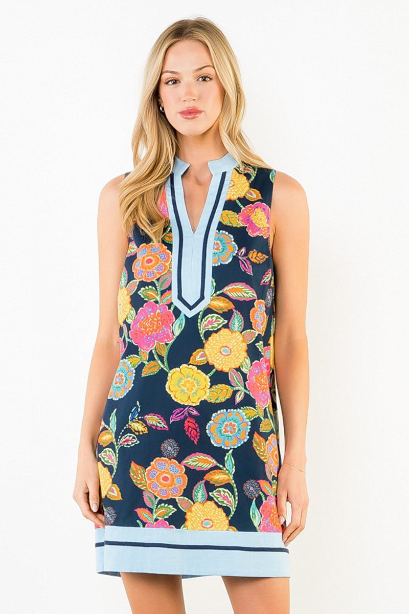 Blonde woman wearing Navy Floral Sleeveless Dress