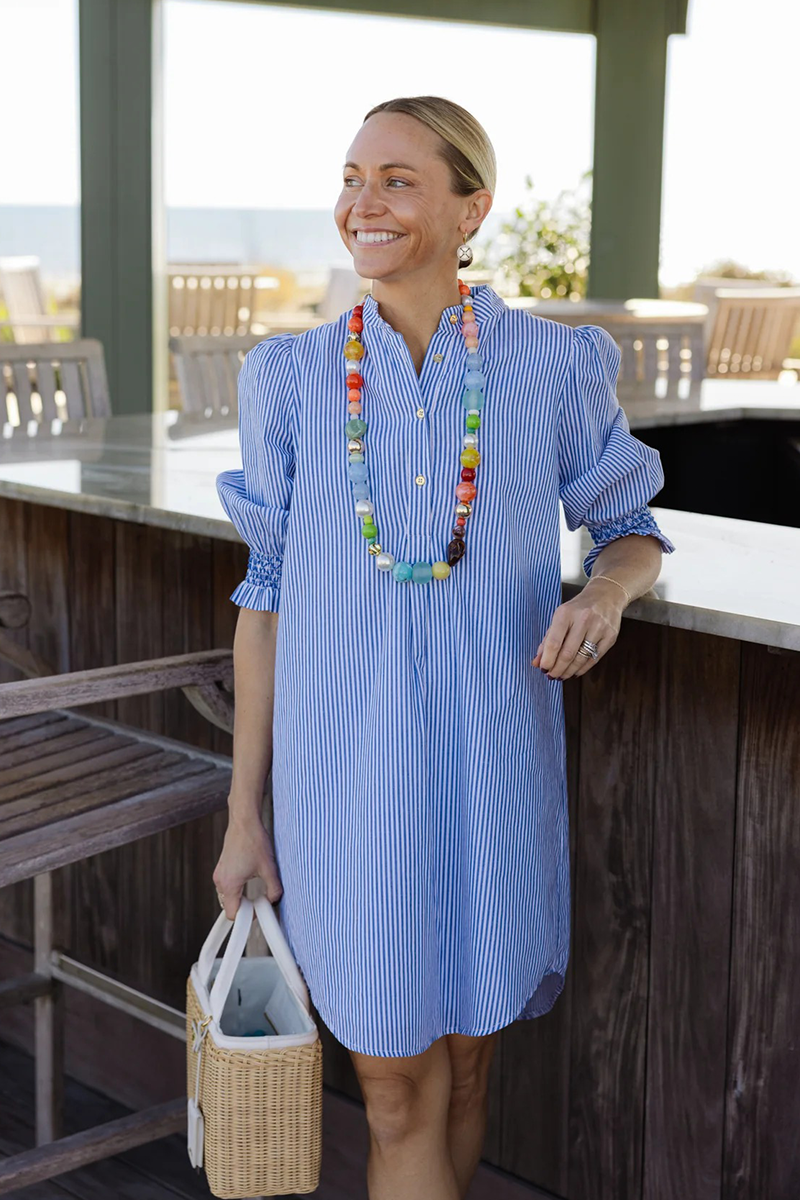 Navy Stripe Puff Sleeve Shirt Dress