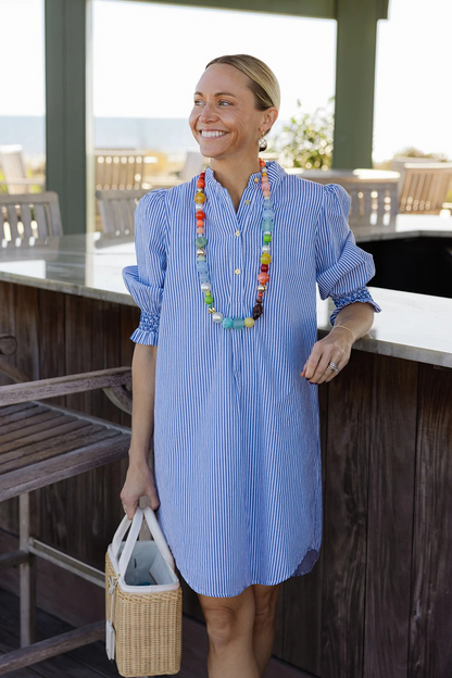 Navy Stripe Puff Sleeve Shirt Dress