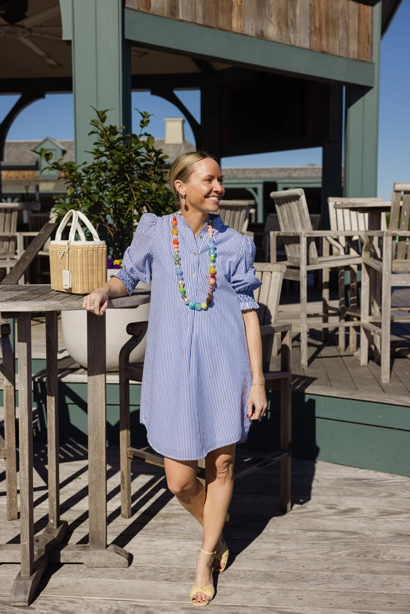 Navy Stripe Puff Sleeve Shirt Dress