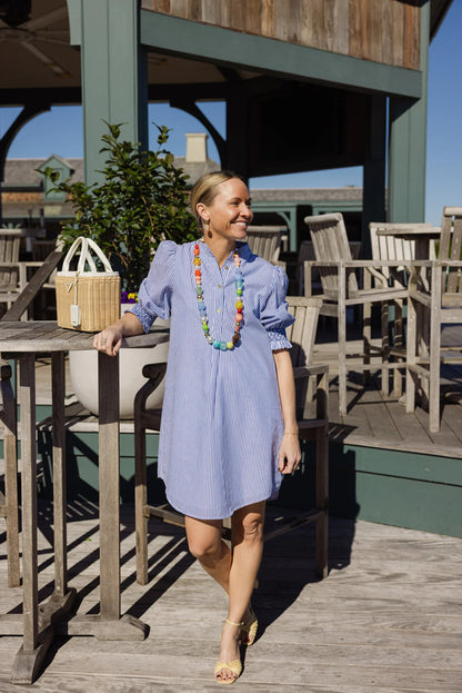 Navy Stripe Puff Sleeve Shirt Dress