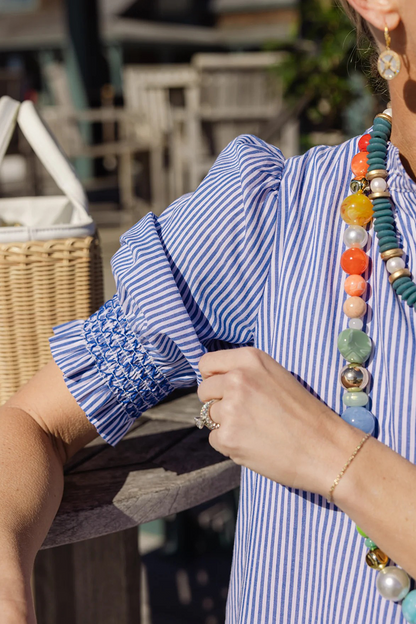Navy Stripe Puff Sleeve Shirt Dress