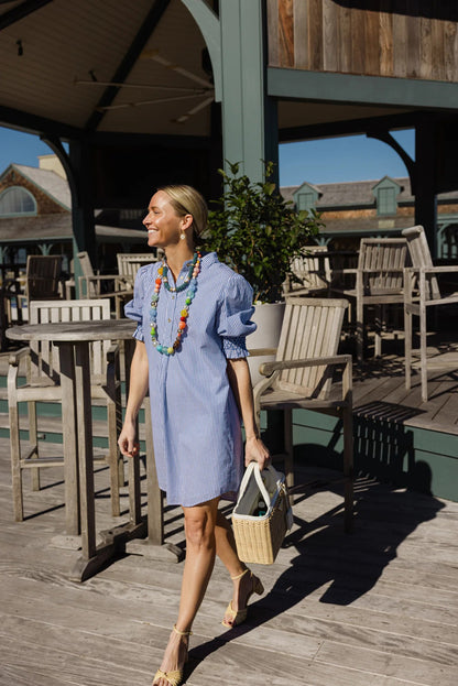 Navy Stripe Puff Sleeve Shirt Dress