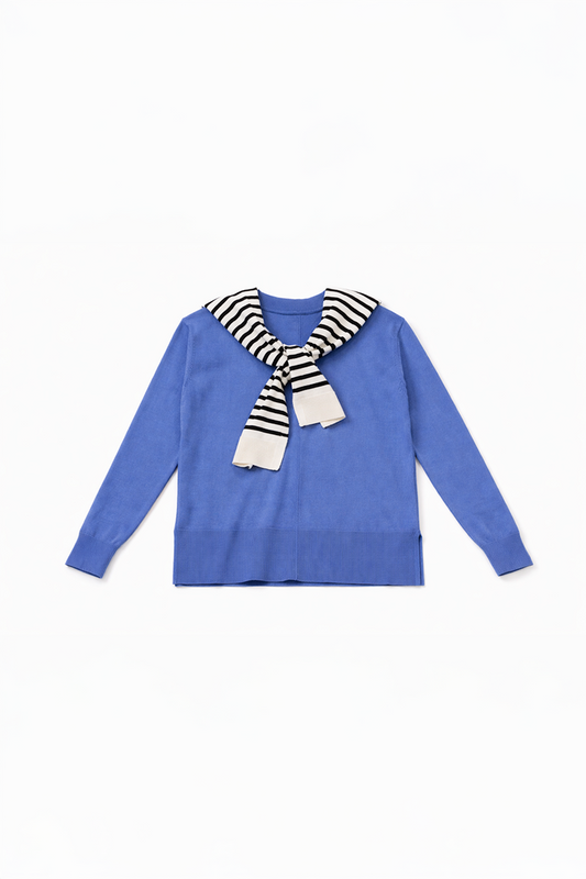 Blue sweater with a striped scarf on a white background