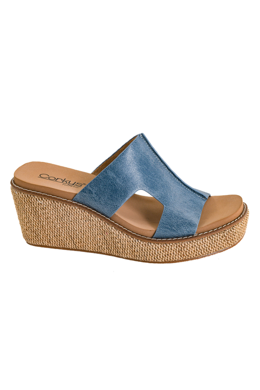 Navy Cork Wedge Sandal on a white background