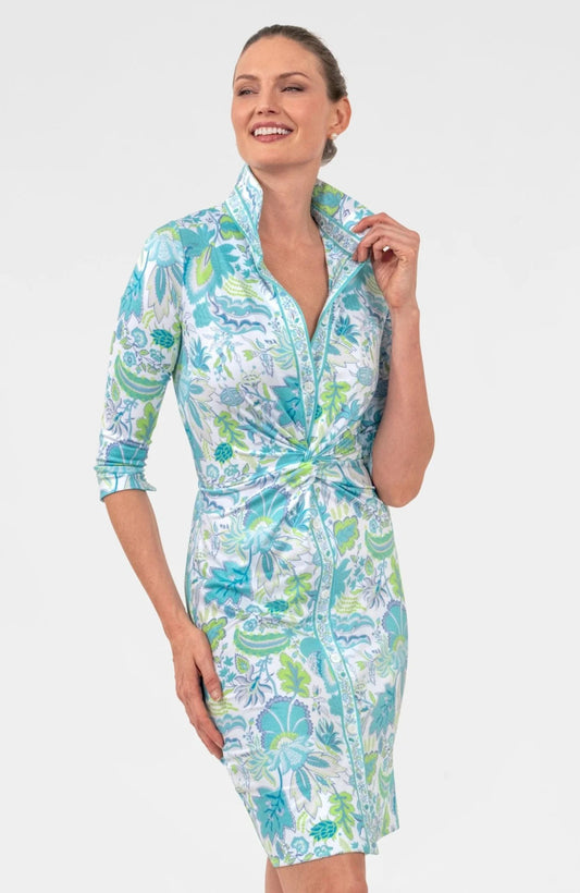 Ocean Floral Twist Front Collared Dress
