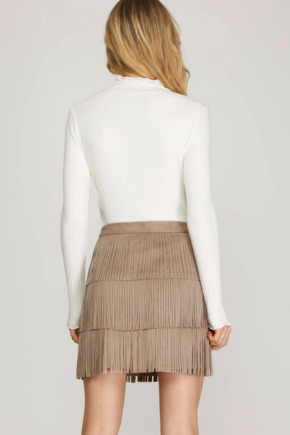 Olive Fringe Suede Mini Skirt