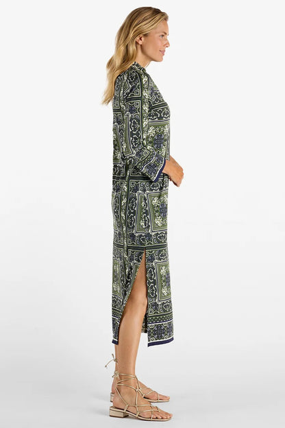 Olive Tapestry Side Slit Midi Dress