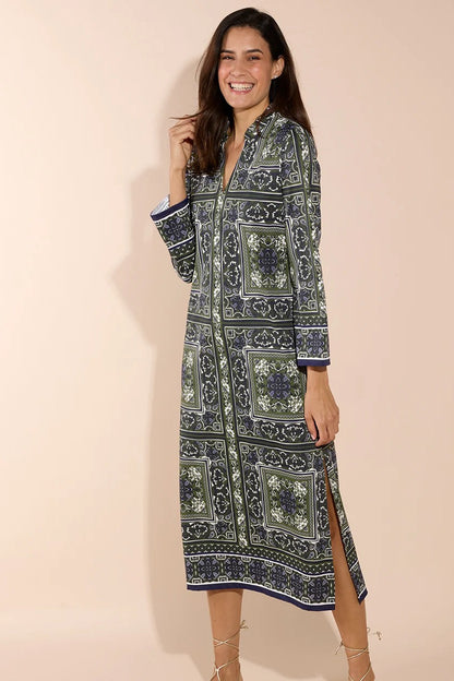 Olive Tapestry Side Slit Midi Dress