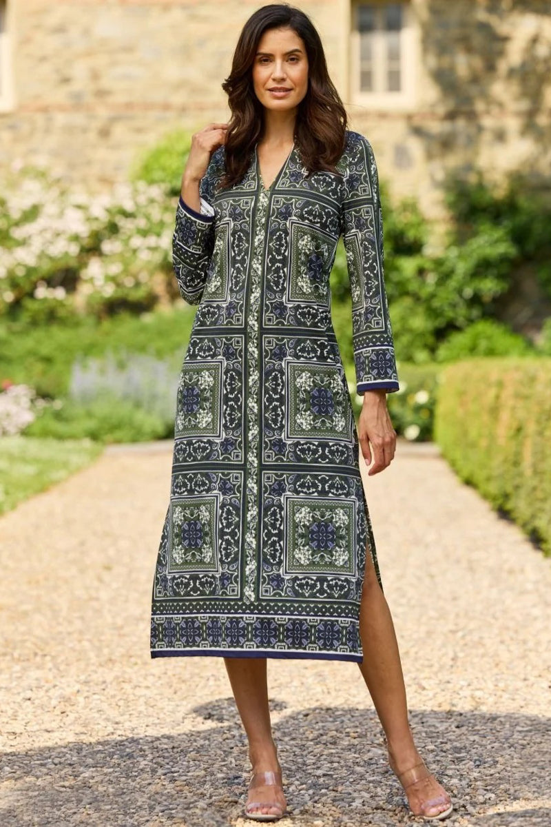 Olive Tapestry Side Slit Midi Dress