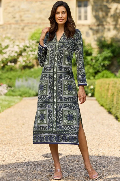 Olive Tapestry Side Slit Midi Dress