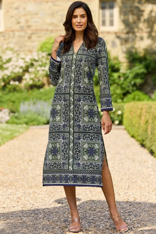 Olive Tapestry Side Slit Midi Dress
