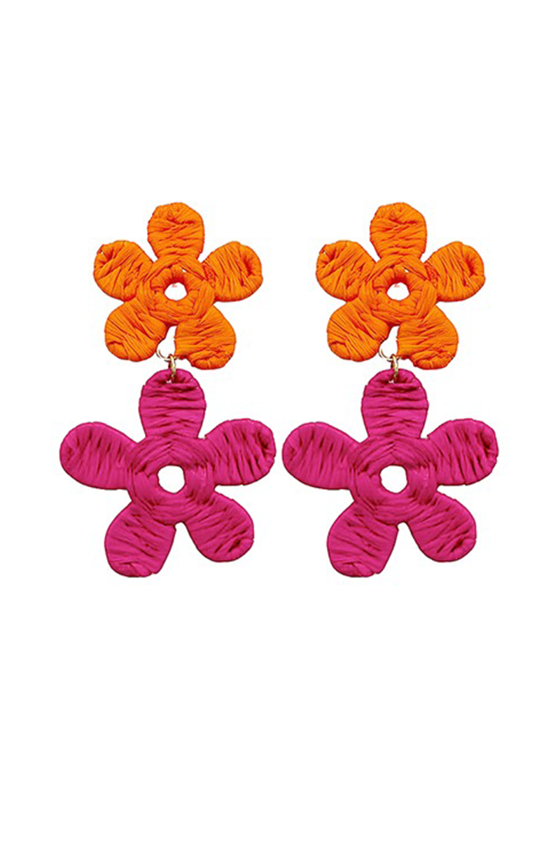 Pair of colorful flower-shaped earrings on a white background