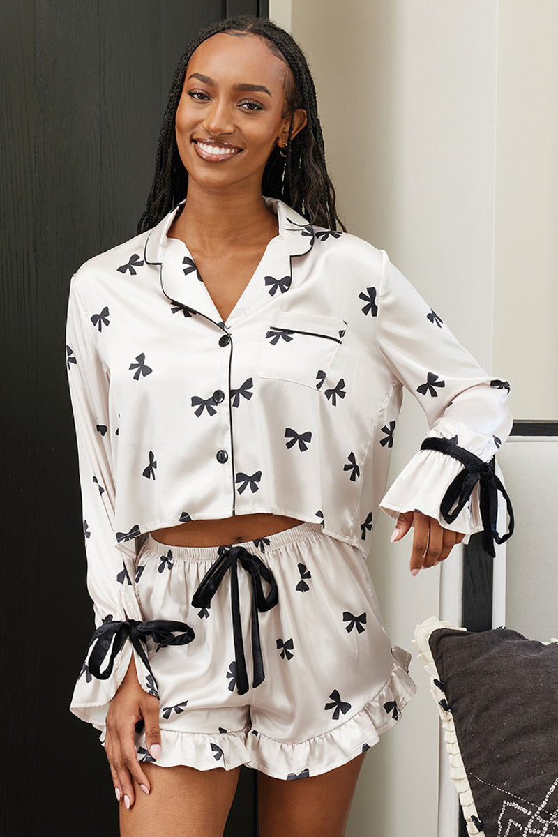 Ivory and Black Bows Cropped and Ruffled Shorts Pajama Set with Velvet Ties