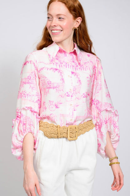 Paris Pink Toile Button-Front Blouse