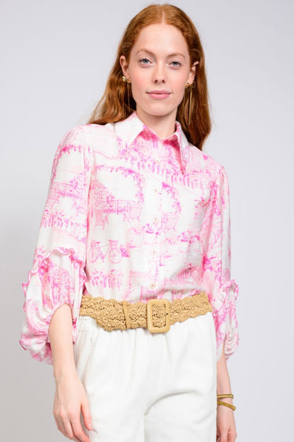 Paris Pink Toile Button-Front Blouse