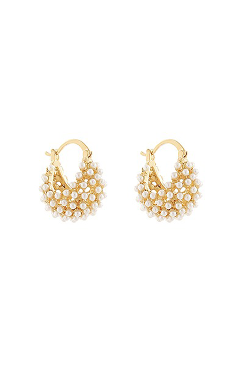 Pair of gold hoop earrings with pearls on a white background