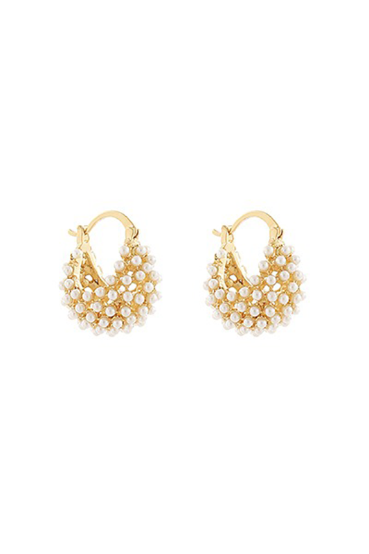 Pair of gold hoop earrings with pearls on a white background