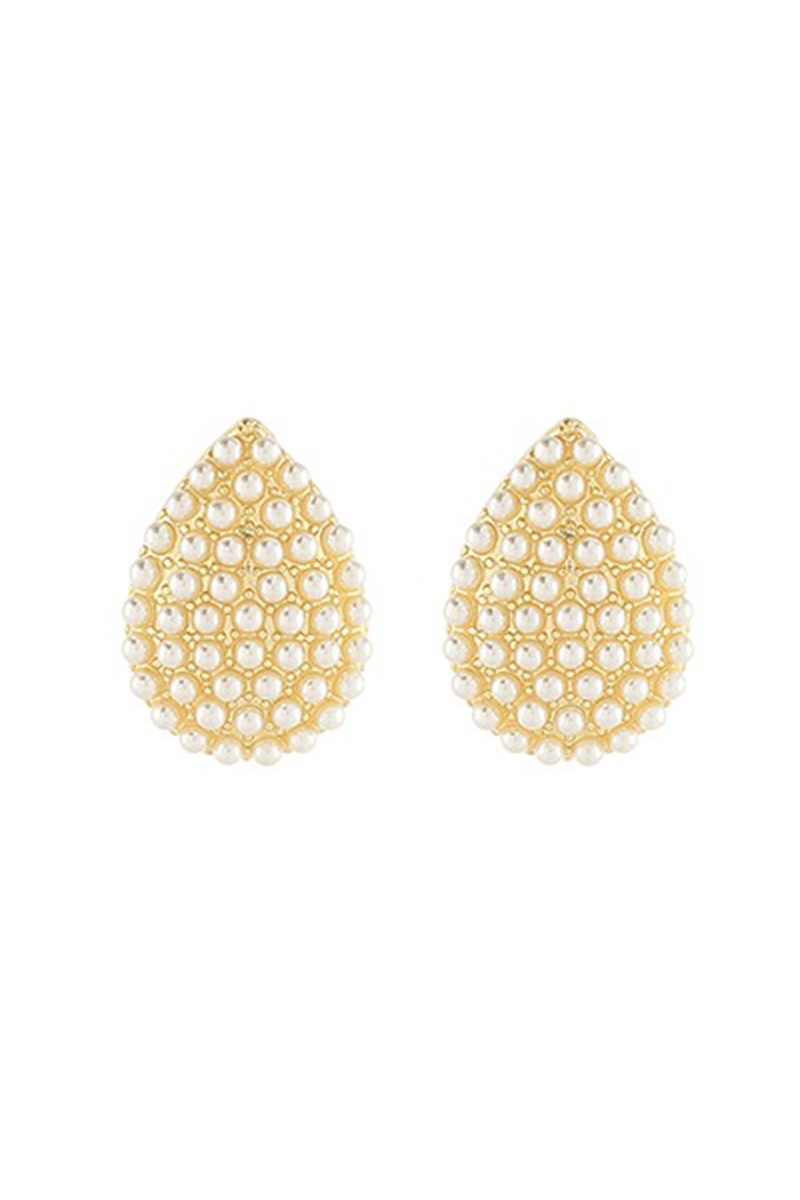 Gold teardrop earrings with pearl-like stones on a white background