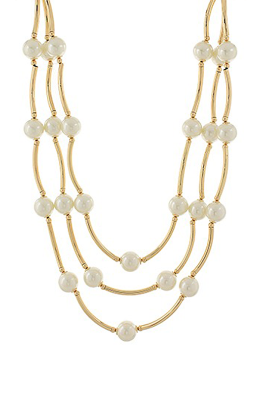 Multi-layered pearl necklace with gold accents on a white background