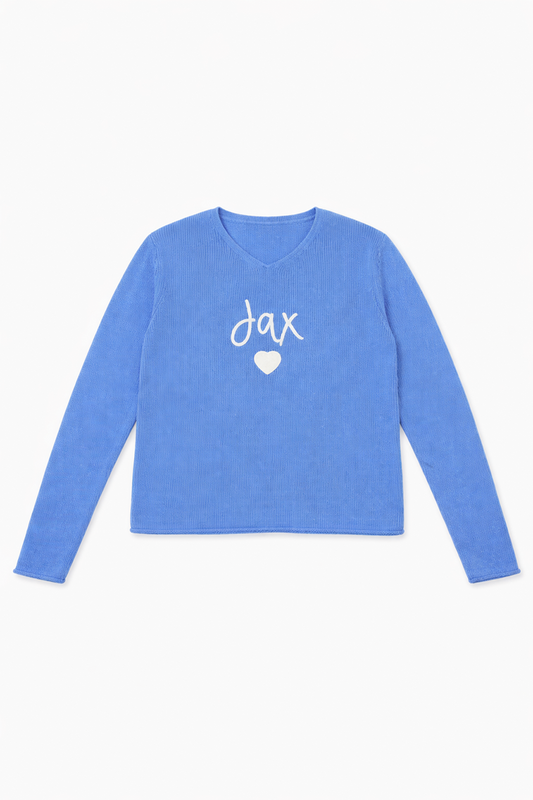 Blue long-sleeve sweater with 'jax' and a heart on a white background