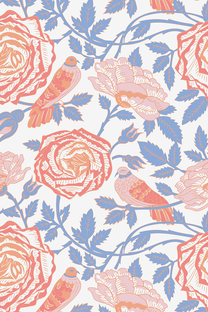 Floral and bird pattern with pink and blue colors on a white background