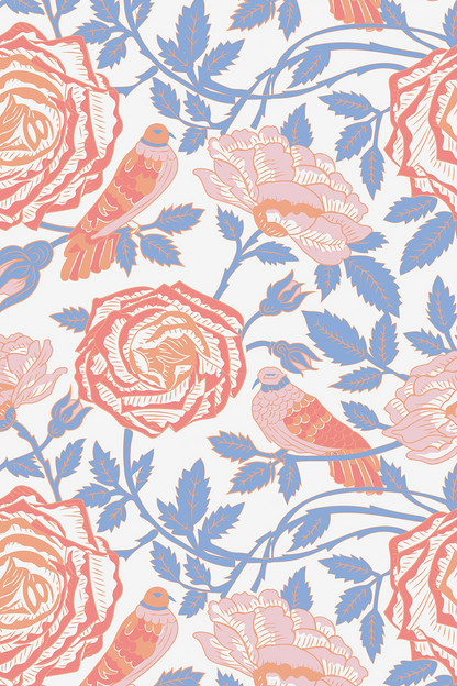 Floral and bird pattern with pink and blue colors on a white background