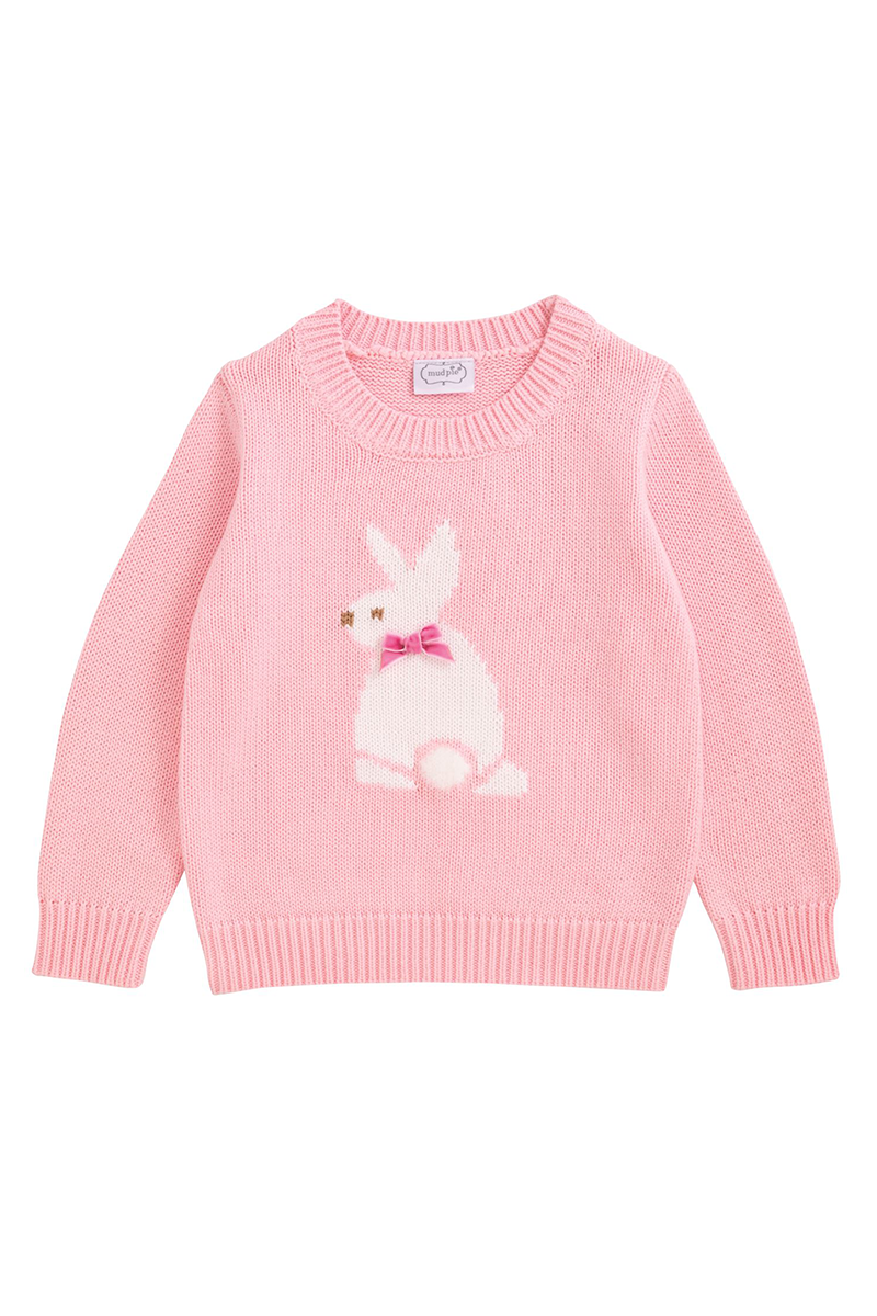 Pink sweater with a bunny design on a white background