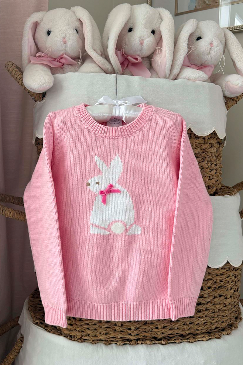 Pink sweater with bunny design in front of plush bunnies on a white surface