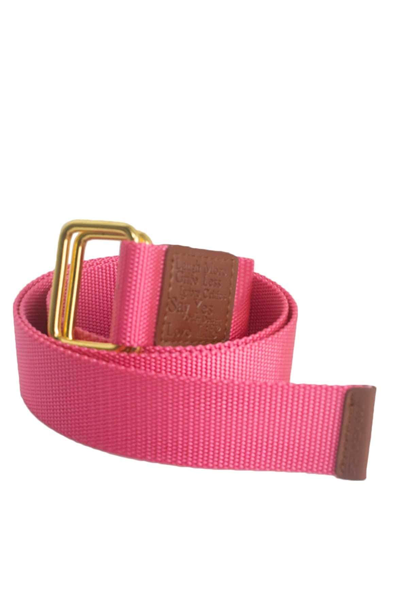 Pink belt with a gold buckle and brown leather ends on a white background