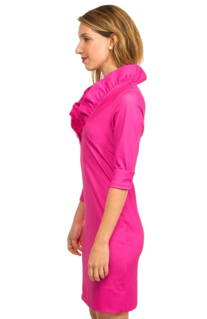 Pink Ruffle Neck 3/4 Sleeve Dress